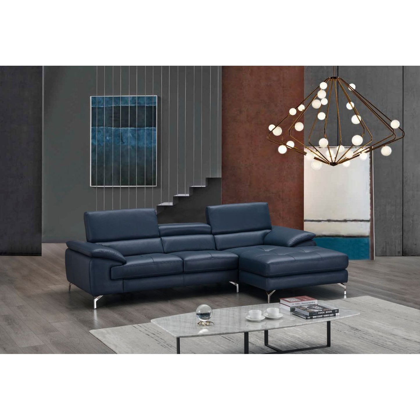 A973B Italian Leather Mini Sectional Right Facing Chaise in Blue jnmfurniture Sectionals 179065-RHFC